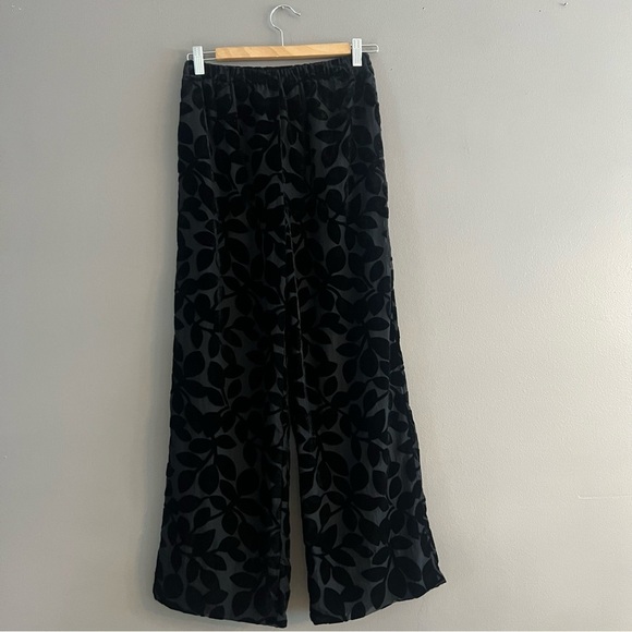 Gretchen Scott Leaf Burnout Velvet Palazzo Pants Sheer Pull On Ankle Black XXS - Picture 1 of 14